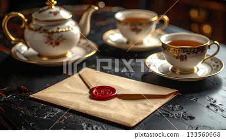 Vintage Envelope Sealed with Red Wax, Pen, and Vintage Tea Set on Desk 133560668