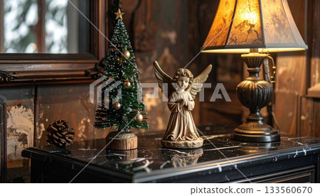 Black Marble Desk with Wooden Angel Figurine and Mini Christmas Tree, Vintage Table Lamp Black Marble Desk with Wooden Angel Figurine and Mini Christmas Tree, Vintage Table Lamp 133560670