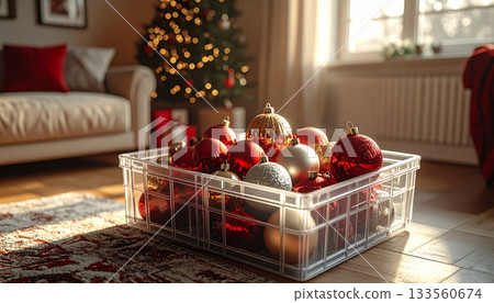 Christmas Balls in Transparent Plastic Box in Living Room Christmas Balls in Transparent Plastic Box in Living Room 133560674
