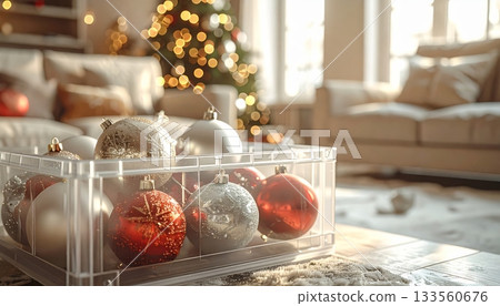Christmas Balls in Transparent Plastic Box in Living Room Christmas Balls in Transparent Plastic Box in Living Room 133560676