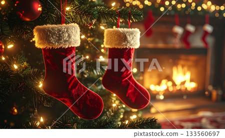 Red Velvet Socks Hanging on Christmas Tree in Living Room at Night Red Velvet Socks Hanging on Christmas Tree in Living Room at Night 133560697