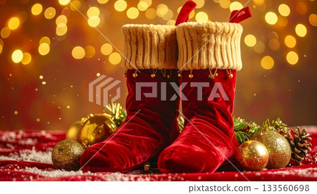Red Velvet Socks with Golden Christmas Decorations 133560698