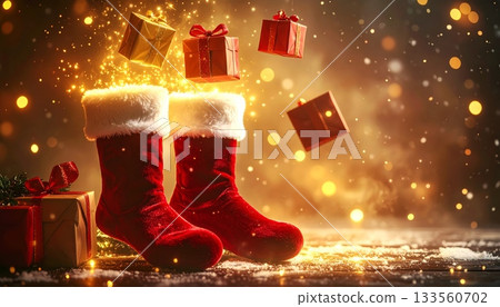 Red Velvet Socks with White Trim, Golden Light Emanating, Floating Gift Box Red Velvet Socks with White Trim, Golden Light Emanating, Floating Gift Box 133560702
