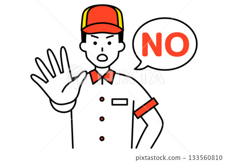 A male employee at a fast food restaurant refusing to accept something by saying "NO" A male employee at a fast food restaurant refusing to accept something by saying "NO" 133560810