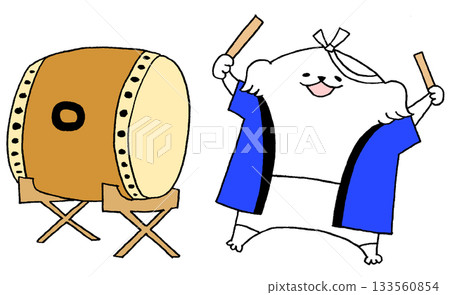 A dog wearing a haori coat and playing a drum 133560854