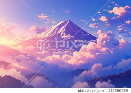 漂浮在黎明天空和雲海中的富士山 AI 影像 133560989