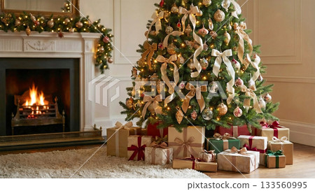 客廳裡擺放著一棵掛著優雅絲帶裝飾的聖誕樹,客廳裡也裝飾著聖誕飾品。 客廳裡擺放著一棵掛著優雅絲帶裝飾的聖誕樹,客廳裡也裝飾著聖誕飾品。 133560995