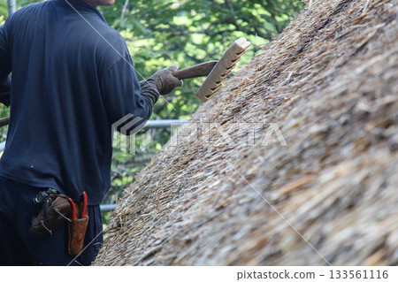 A craftsman repairing a thatched roof 133561116