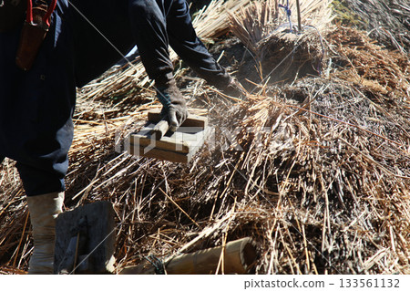 A craftsman repairing a thatched roof 133561132