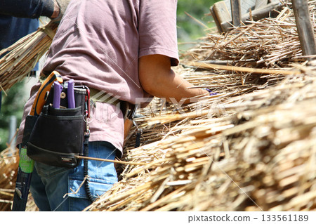 A craftsman repairing a thatched roof A craftsman repairing a thatched roof 133561189