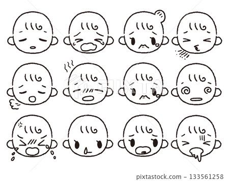 Hand-drawn baby facial expression set black and white 3 accidents 133561258