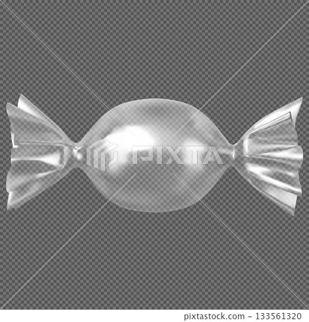Transparent, silver wrapper for a round candy, realistic mockup on an isolated background. Transparent, silver wrapper for a round candy, realistic mockup on an isolated background. 133561320