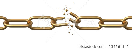 Realistic broken golden chain vector illustration, detailed 3d horizontal destruction bronze chain disconnected sequence 133561345
