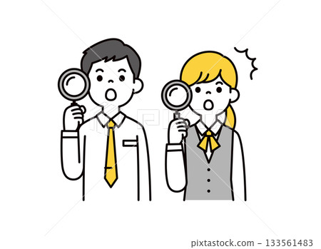 一幅簡單的上半身向量插圖，描繪了一名年輕男性和一名年輕女性員工拿著放大鏡感到驚訝的情景。 133561483