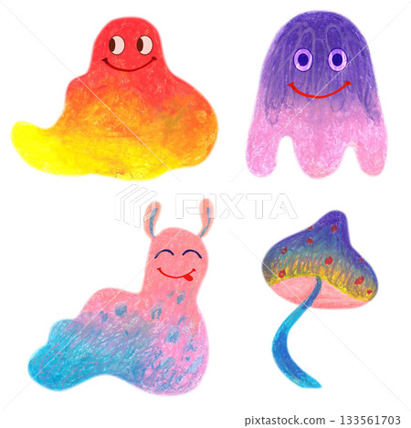 Colorful fuzzy creatures cute and mushroom. Oil pastel drawn illustration set. For playful designs, games settings, toys for kids and children, stickers, greeting cards and banners clip arts. Colorful fuzzy creatures cute and mushroom. Oil pastel drawn illustration set. For playful designs, games settings, toys for kids and children, stickers, greeting cards and banners clip arts. 133561703