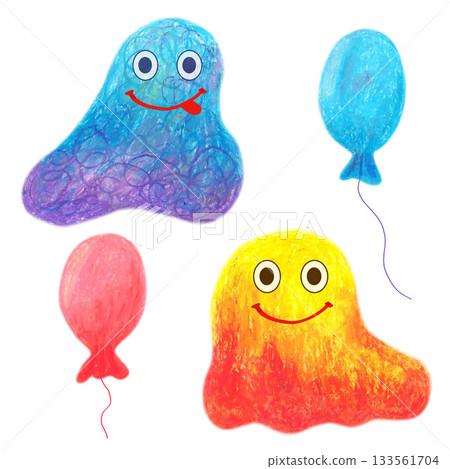 Two colorful fuzzy creatures cute and balloons. Oil pastel drawn illustration set. For playful designs, games settings, toys for kids and children, stickers, greeting cards and banners clip arts. Two colorful fuzzy creatures cute and balloons. Oil pastel drawn illustration set. For playful designs, games settings, toys for kids and children, stickers, greeting cards and banners clip arts. 133561704