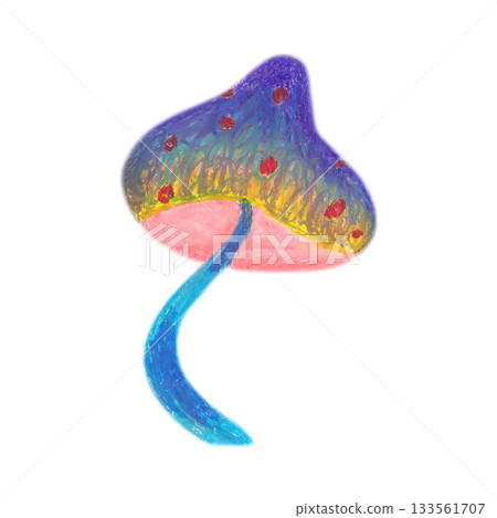 Pink violet fuzzy mushroom. Oil pastel drawn illustration isolated. For playful designs, games settings, toys for kids and children, stickers, greeting cards and banners clip arts. Pink violet fuzzy mushroom. Oil pastel drawn illustration isolated. For playful designs, games settings, toys for kids and children, stickers, greeting cards and banners clip arts. 133561707