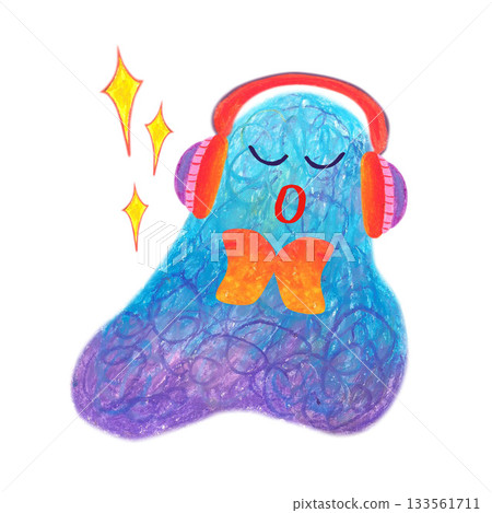 Blue violet fuzzy creature with headphones. Oil pastel drawn illustration isolated. For playful designs, games settings, toys for kids and children, stickers, greeting cards and banners clip arts. Blue violet fuzzy creature with headphones. Oil pastel drawn illustration isolated. For playful designs, games settings, toys for kids and children, stickers, greeting cards and banners clip arts. 133561711