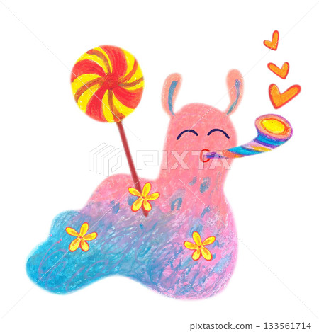 Pink blue fuzzy creature with lollipop hearts, flowers. Oil pastel drawn illustration. For playful designs, games settings, toys for kids and children, stickers, greeting cards and banners clip arts. Pink blue fuzzy creature with lollipop hearts, flowers. Oil pastel drawn illustration. For playful designs, games settings, toys for kids and children, stickers, greeting cards and banners clip arts. 133561714