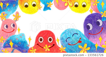 Rectangular frame with fuzzy creatures stars and flowers Oil pastel drawn illustration. For playful designs, games settings, toys for kids and children, stickers, greeting cards and banners clip arts. 133561726