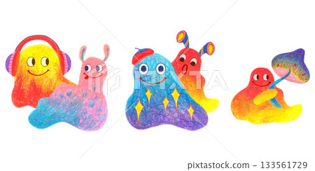 Funny fuzzy creatures with headphones and mushrooms. Oil pastel drawn illustration set. For playful designs, games settings, toys for kids and children, stickers, greeting cards and banners clip arts. 133561729