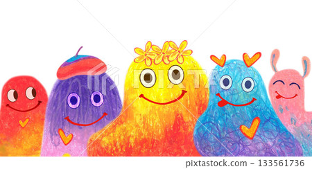 Template of fuzzy creatures with flowers and hearts. Oil pastel drawn illustration. For playful designs, games settings, toys for kids and children, stickers, greeting cards and banners clip arts. Template of fuzzy creatures with flowers and hearts. Oil pastel drawn illustration. For playful designs, games settings, toys for kids and children, stickers, greeting cards and banners clip arts. 133561736
