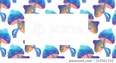 Template with blue violet pink mushrooms. Oil pastel drawn illustration. For playful designs, games settings, toys for kids and children, stickers, greeting cards and banners clip arts. 133561739