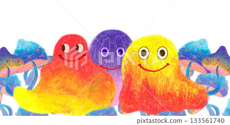 Border of fuzzy creatures with violet mushrooms. Oil pastel drawn illustration. For playful designs, games settings, toys for kids and children, stickers, greeting cards and banners clip arts. 133561740