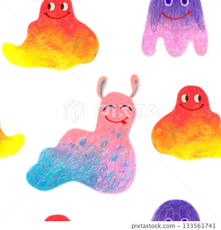 Colorful funny fuzzy creatures. Oil pastel drawn seamless pattern. For playful designs, games settings, toys for kids and children, stickers, greeting cards and banners clip arts. 133561741