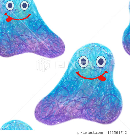 Blue violet fuzzy creatures nice and smiling. Oil pastel drawn seamless pattern. For playful designs, games settings, toys for kids and children, stickers, greeting cards and banners clip arts. 133561742