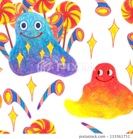 Violet red fuzzy creatures lollipops stars. Oil pastel drawn seamless pattern. For playful designs, games settings, toys for kids and children, stickers, greeting cards and banners clip arts. 133561751