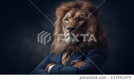 一隻身著西裝、雙臂交叉的獅子像徵著領導力：“生成式人工智慧” 133561979