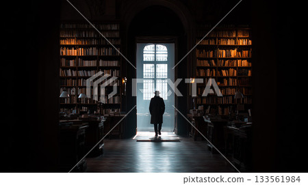 《生成式人工智慧》描繪了一個男性剪影站在一扇巨大的圖書館大門前。 133561984