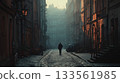 生成式人工智慧捕捉到清晨時分，一名行人走在歐洲街道上的背影。 133561985