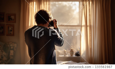 一個人拿著相機站在窗邊，柔和的光線從窗外照射進來：“生成式人工智慧” 133561987