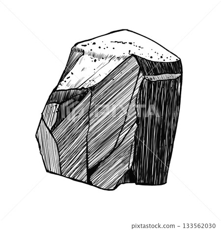 Stone with scratches and cracks. Hand drawn black white isolated illustration. Monochrome graphic of landscape element for architectural and garden sketches. Rock object in line clip art. 133562030