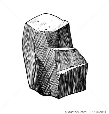 Stone with steps, scratches and cracks. Hand drawn black white isolated illustration. Monochrome graphic of landscape element for architectural and garden sketches. Rock object in line clip art. 133562031