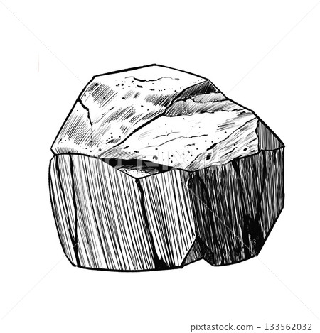 Oval granite stone with scratches and cracks. Hand drawn black white isolated illustration. Monochrome graphic of landscape element for architectural and garden sketches. Rock object in line clip art. 133562032