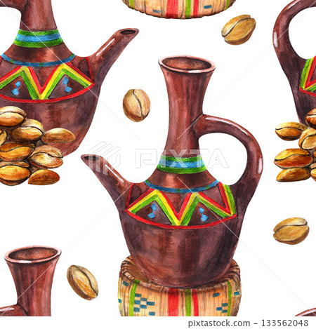 Ethiopian traditional coffee clay brown pot with ornament, wicker stand and roasted coffee beans, Watercolor seamless pattern, craft bag, arabica roasted beans clip art. For menu, banners, cards. Ethiopian traditional coffee clay brown pot with ornament, wicker stand and roasted coffee beans, Watercolor seamless pattern, craft bag, arabica roasted beans clip art. For menu, banners, cards. 133562048