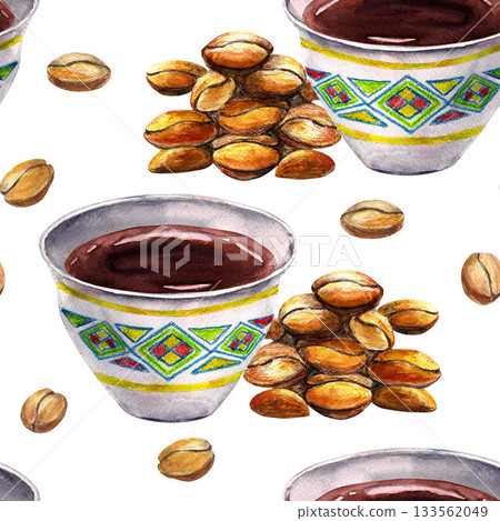 Ethiopian ceramic white cups with coffee, traditional ornament, Watercolor seamless pattern. Arabica roasted beans clip art. Vibrant produce, culinary menu, banners and greeting cards. For design. Ethiopian ceramic white cups with coffee, traditional ornament, Watercolor seamless pattern. Arabica roasted beans clip art. Vibrant produce, culinary menu, banners and greeting cards. For design. 133562049