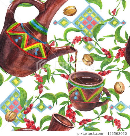 Ethiopian traditional coffee clay dishes with ornament, arabica roasted beans, ripe coffee cherries on branch, Watercolor seamless pattern. Vibrant produce, culinary books cafe menu banners cards. Ethiopian traditional coffee clay dishes with ornament, arabica roasted beans, ripe coffee cherries on branch, Watercolor seamless pattern. Vibrant produce, culinary books cafe menu banners cards. 133562050