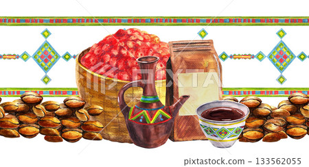 Ornamented Ethiopian traditional coffee clay pot and bowl, straw wicker stand, arabica roasted beans, craft paper bag. Watercolor seamless border. For culinary books, cafe menu banners, cards. 133562055