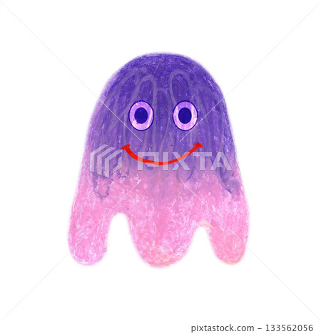 Violet pink fuzzy creature cute and smiling. Oil pastel drawn illustration isolated. For playful designs, games settings, toys for kids and children, stickers, greeting cards and banners clip arts. 133562056