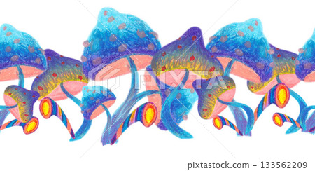 Violet blue mushrooms and candies. Oil pastel drawn seamless border. For playful designs, games settings, toys for kids and children, stickers, greeting cards and banners clip arts. Violet blue mushrooms and candies. Oil pastel drawn seamless border. For playful designs, games settings, toys for kids and children, stickers, greeting cards and banners clip arts. 133562209