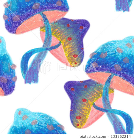 Weaving blue violet fuzzy mushrooms weaving. Oil pastel drawn seamless pattern. For playful designs, games settings, toys for kids and children, stickers, greeting cards and banners clip arts. Weaving blue violet fuzzy mushrooms weaving. Oil pastel drawn seamless pattern. For playful designs, games settings, toys for kids and children, stickers, greeting cards and banners clip arts. 133562214