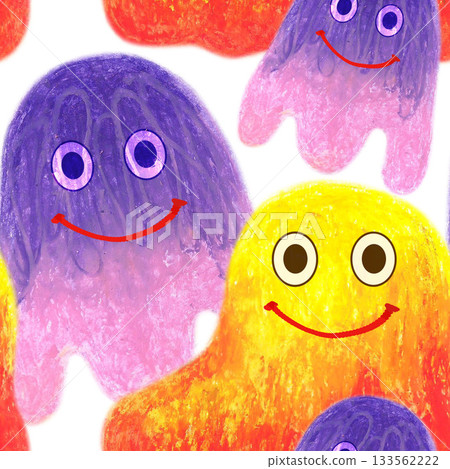 Violet and red yellow fuzzy creatures. Oil pastel drawn seamless pattern. For playful designs, games settings, toys for kids and children, stickers, greeting cards and banners clip arts. 133562222