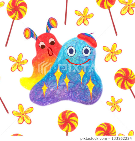 Colorful fuzzy creatures in knitted beret lollipops. Oil pastel drawn seamless pattern. For playful designs, games settings, toys for kids and children, stickers, greeting cards and banners clip arts. Colorful fuzzy creatures in knitted beret lollipops. Oil pastel drawn seamless pattern. For playful designs, games settings, toys for kids and children, stickers, greeting cards and banners clip arts. 133562224