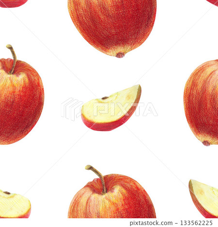 Red ripe apples and slices on white background. Color pencil seamless pattern. For cooking books, magazines, gardens architectural sketches, restaurant menu, advertising design, banners, cards. Red ripe apples and slices on white background. Color pencil seamless pattern. For cooking books, magazines, gardens architectural sketches, restaurant menu, advertising design, banners, cards. 133562225
