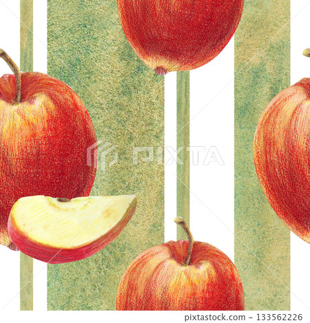 Wide and narrow green stripes Red ripe apples and slices on white background. Watercolor seamless pattern. For cooking books, magazines, gardens sketches, restaurant menu design, banners postcards. 133562226