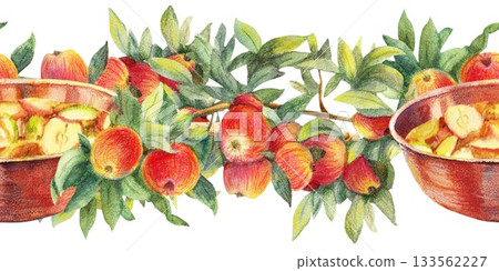 Red ripe apples with leaves on branch, round copper pan with jam and wooden handle. Color pencil seamless border. For cookbooks, kitchen interior, restaurant menu, advertising design, banners, cards. Red ripe apples with leaves on branch, round copper pan with jam and wooden handle. Color pencil seamless border. For cookbooks, kitchen interior, restaurant menu, advertising design, banners, cards. 133562227